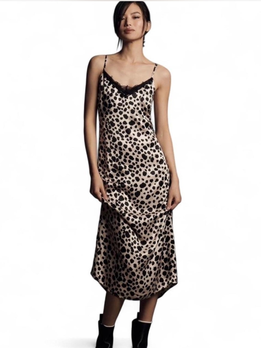 NWT - Anthropologie Satin Leopard-Print Lace-Trim Slip Dress